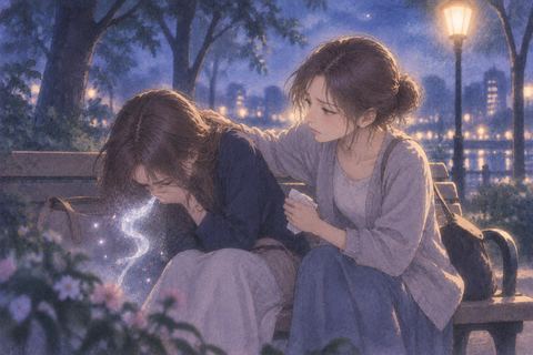 夜の公園で友達を心配して寄り添う大人の女性の夢の場面