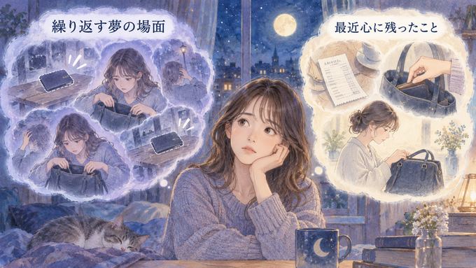 繰り返す財布の夢と日中の支払いや防犯への関心を振り返る女性の図