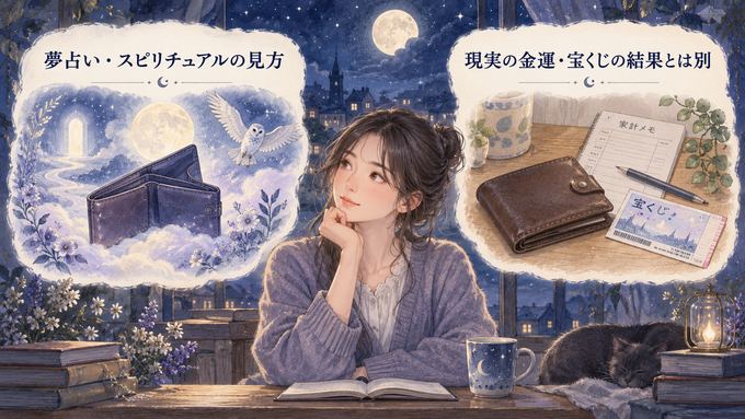 財布の夢の象徴と現実の金運や宝くじの結果を別々に見つめる女性の図