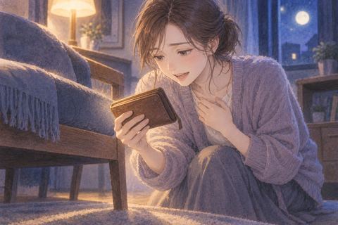 夜の室内で見つかった財布を手に取りほっとする人物の夢