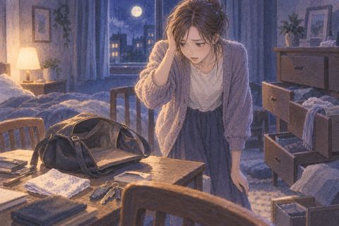 夜の部屋で財布を探しても見つからず立ち尽くす人物の夢