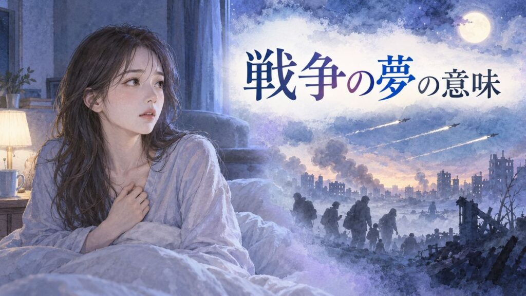 夜明け前の部屋で戦争の夢の余韻を感じる女性と遠くに浮かぶミサイルや避難する人影