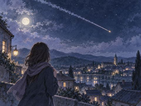 夜空の遠くから街へ近づくミサイルの光跡を見上げる人物