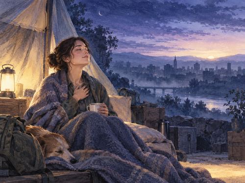 夜明けの避難先で無事を確かめほっとする人物