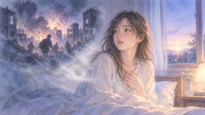 戦争の夢から目覚めて静かな寝室で夢の余韻を確かめる女性