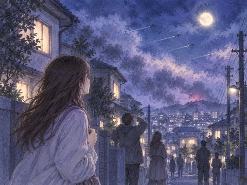 静かな夜の街で突然サイレンが鳴り人々が空を見上げる場面