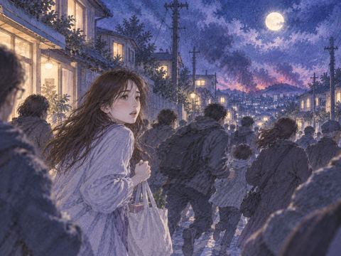 日常の道から突然避難する人波へ巻き込まれる人物