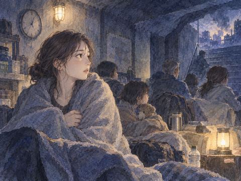 夜の避難場所で警戒しながら過ごす人々
