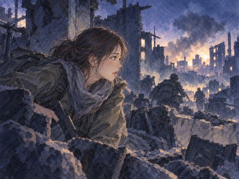 夜の戦場で身を守りながら前へ進もうとする人物