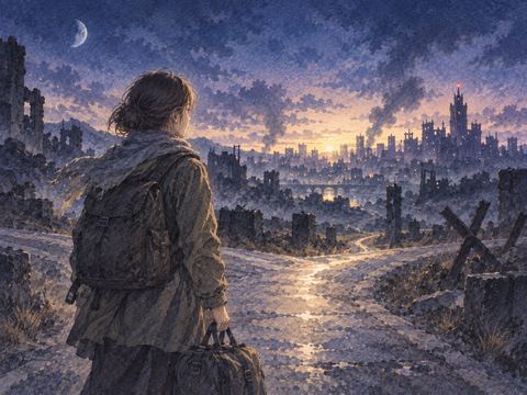 夜明け前に荷物を持って戦場へ向かおうとする人物