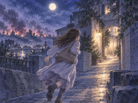 夜の街を安全な場所へ向かって走って逃げる人物