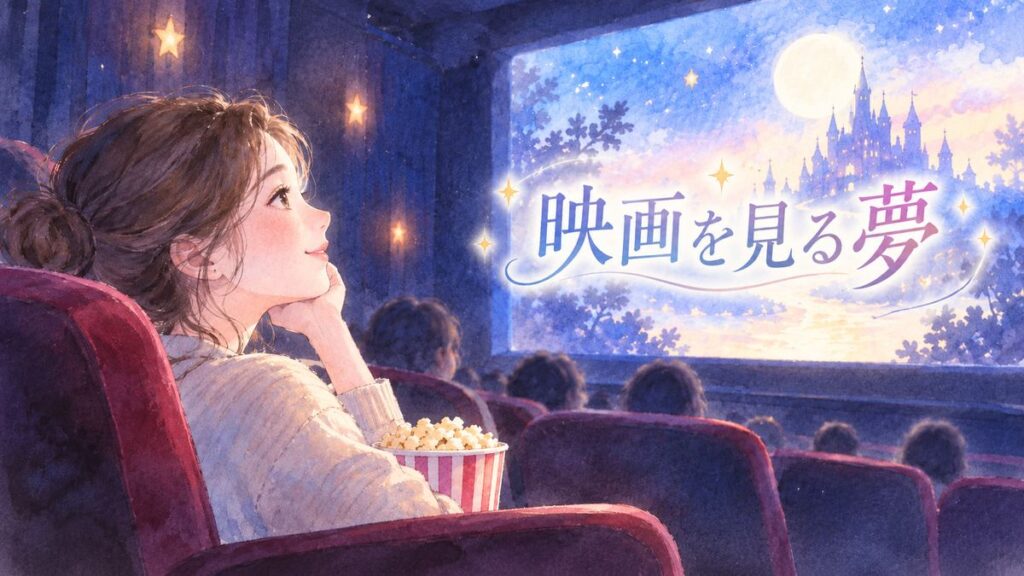 夢の映画館でスクリーンを見つめる大人の女性