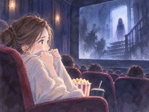 怖い映画を緊張しながら客席で見る女性
