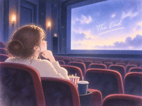 映画の終幕を静かに見届ける女性