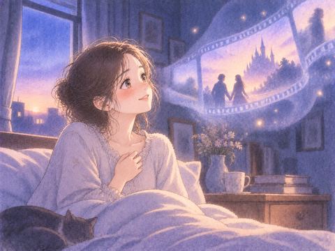 目覚めて夢の映画の余韻を感じる女性