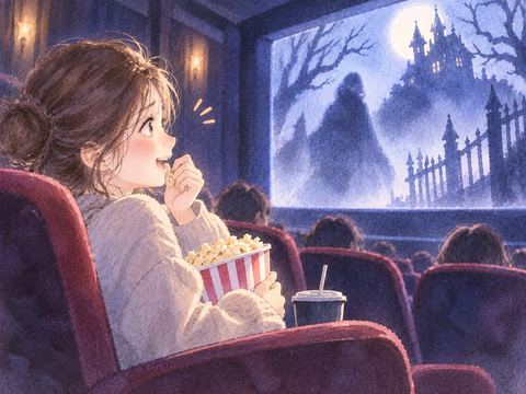 ホラー映画を笑顔で楽しむ女性