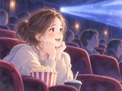 映画に夢中で身を乗り出す女性