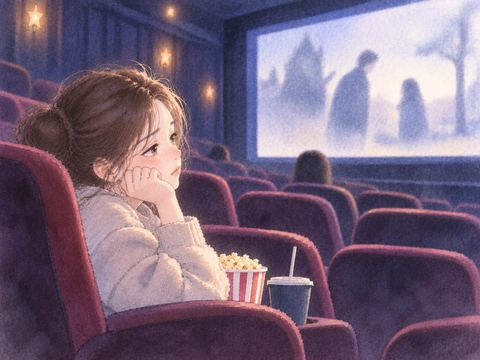 退屈そうに映画を見る女性と静かな客席