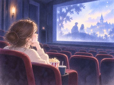 一人きりの客席で静かに映画を見る女性