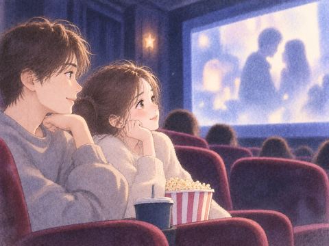 好きな人と並んで映画を見る女性