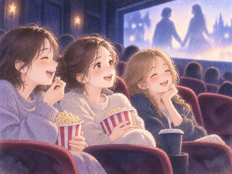 家族や友達と並んで映画を楽しむ女性
