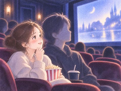 見知らぬ人の隣で映画を見る女性
