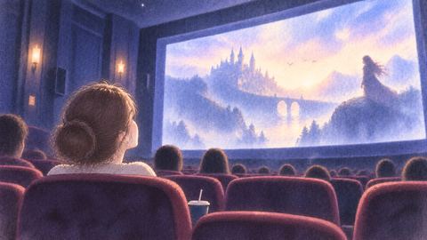 大きなスクリーンを見上げる映画館の女性