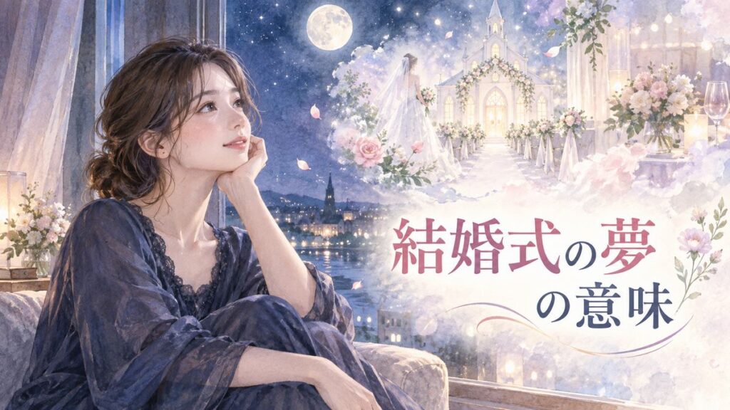 夜の窓辺で結婚式の夢を思い返す大人の女性と淡く輝く結婚式場