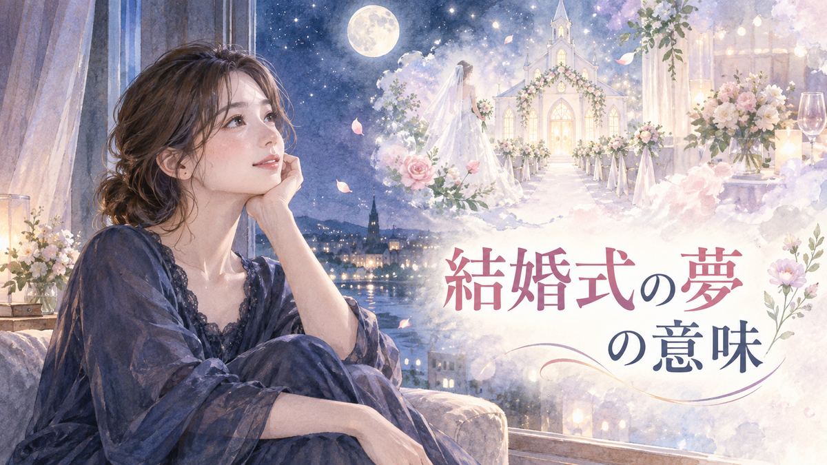 夜の窓辺で結婚式の夢を思い返す大人の女性と淡く輝く結婚式場