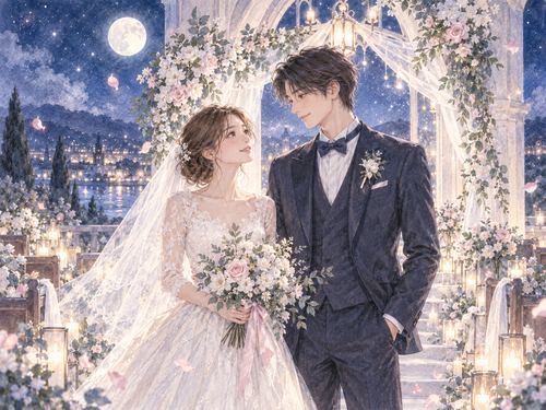 月明かりの結婚式場で彼氏と並ぶ女性
