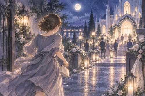 夜道を急いで結婚式場へ向かう女性