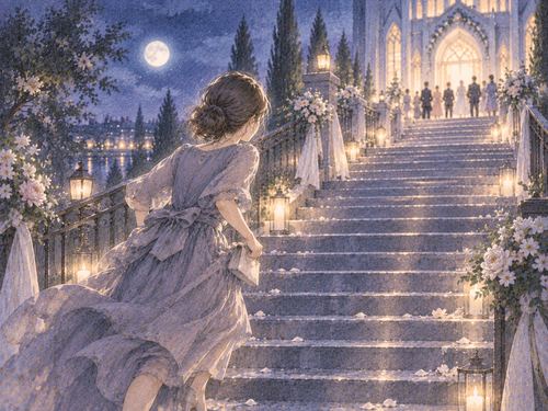 夜の階段を急いで結婚式場へ向かう女性