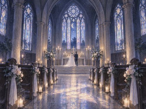 月明かりの差す夜の教会で結婚式をする二人