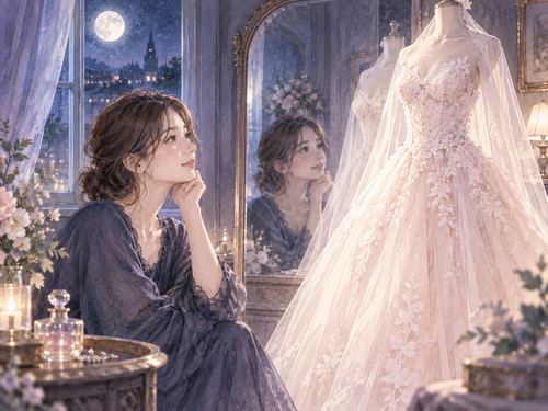 月明かりの部屋で淡いドレスを見つめる女性