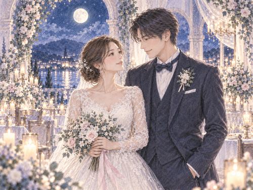 夜の式場で夫と静かに向き合う既婚女性