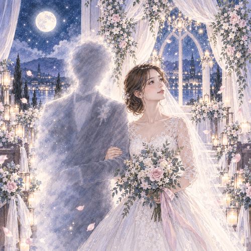 月明かりの式場で相手をぼんやりと見つめる女性