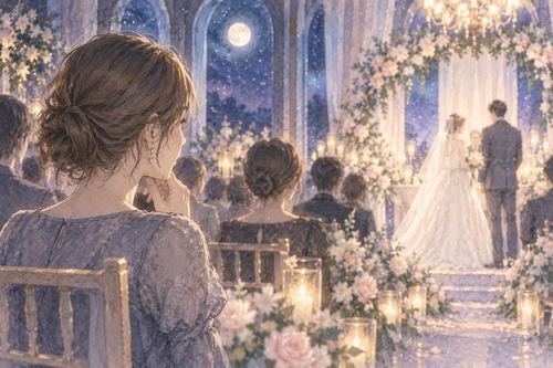 夜の結婚式会場で友達を見つめる女性