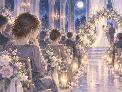 静かな夜の結婚式で参列者として座る女性