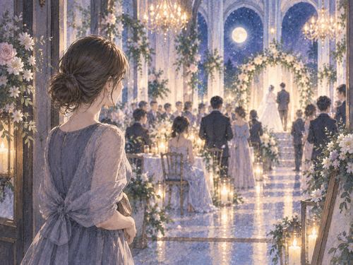 知らない人たちの結婚式を遠くから眺める女性