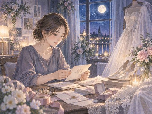 夜の部屋で結婚式の準備をする女性