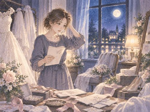 夜の部屋で結婚式の準備に戸惑う女性