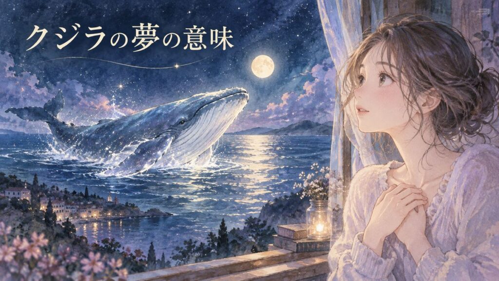 窓辺で海を見つめる女性と、月明かりに浮かぶクジラ