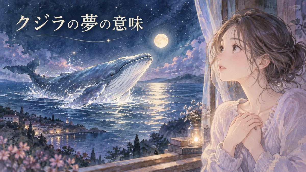 窓辺で海を見つめる女性と、月明かりに浮かぶクジラ