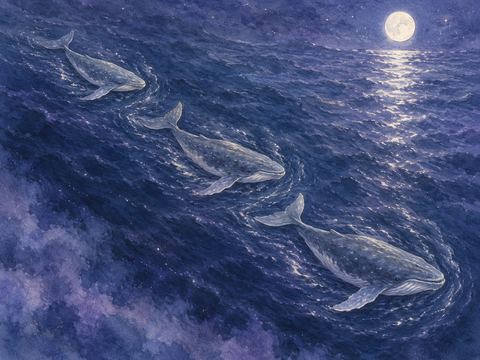 間隔を空けて同じ方向へ泳ぐ三頭のクジラ