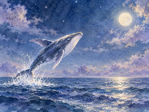 夜の海から跳び上がり、飛沫を散らすクジラ
