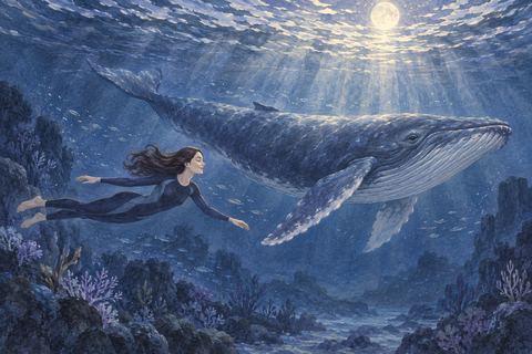淡い光の差す水中で、クジラと並んで泳ぐ女性