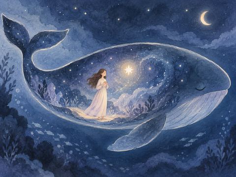 クジラの輪郭に包まれた星空で、小さな光を見つめる女性