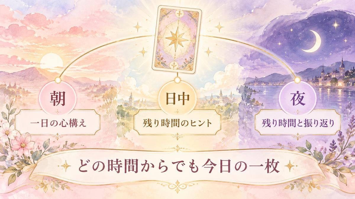 朝から夜までの一日の時間軸に、朝は一日の心構え、日中は残り時間のヒント、夜は残り時間と振り返りとして今日の一枚を使えることを示した図解