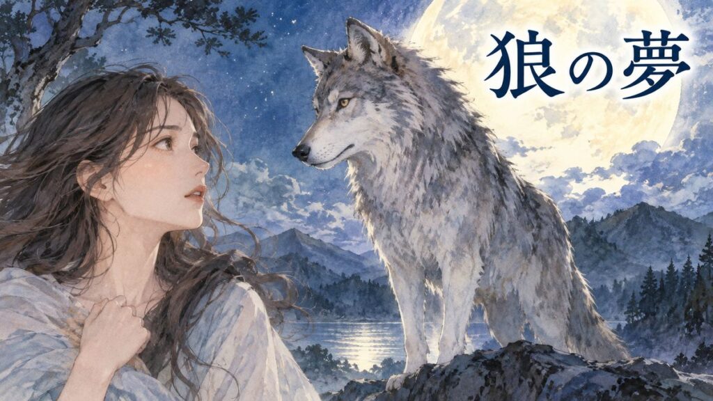 月夜に狼と向き合う穏やかな表情の大人の女性