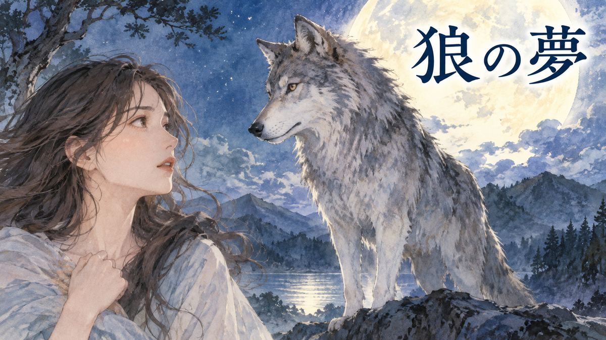 月夜に狼と向き合う穏やかな表情の大人の女性